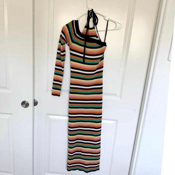Monse One Sleeve Halter Merino Wool Striped Ribbed Knit 
Midi Dress Small - Picture 2 of 5